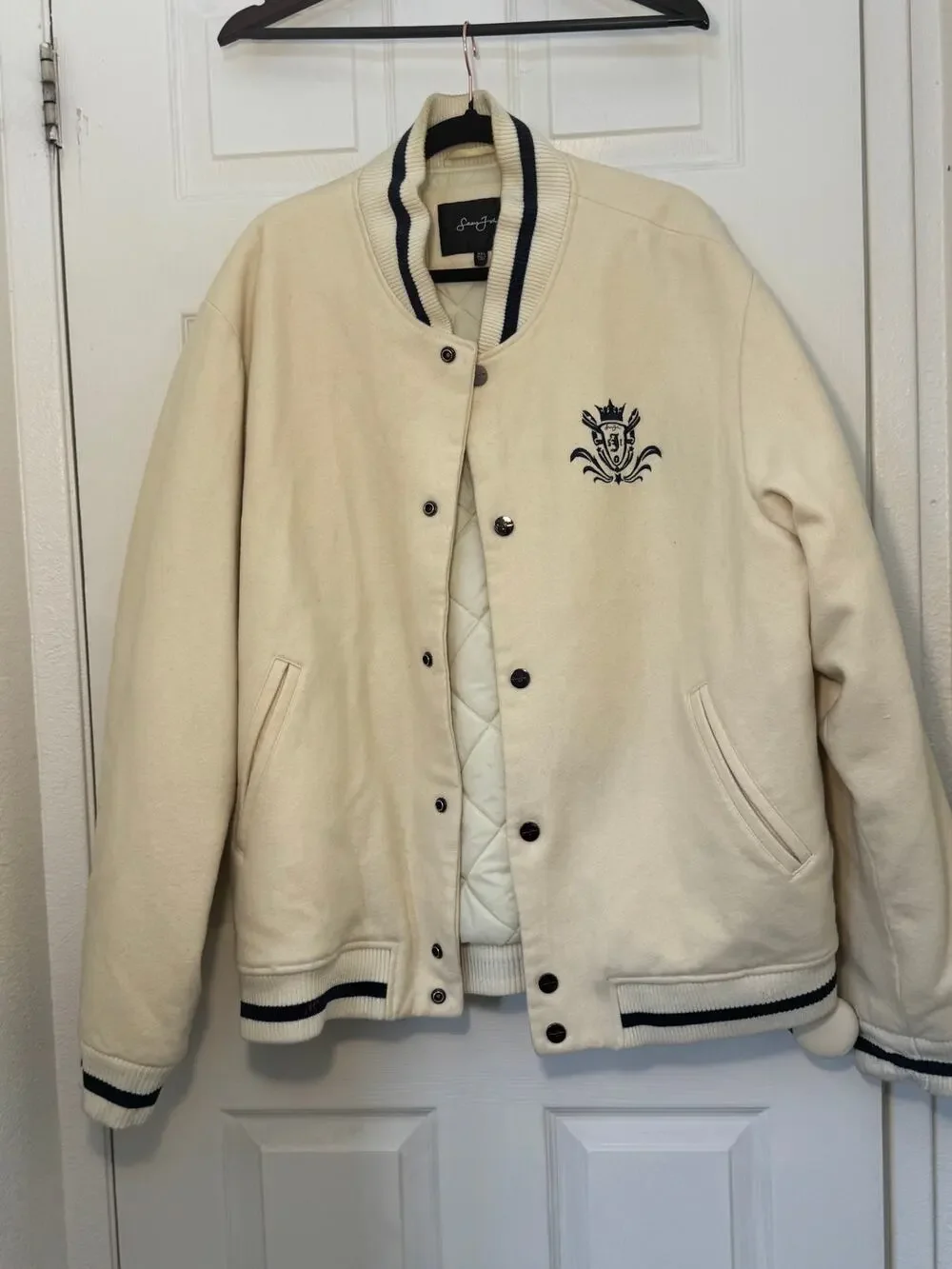 Sean John Men’s XXL Wool Varsity Bomber Jacket Cream Navy Crest